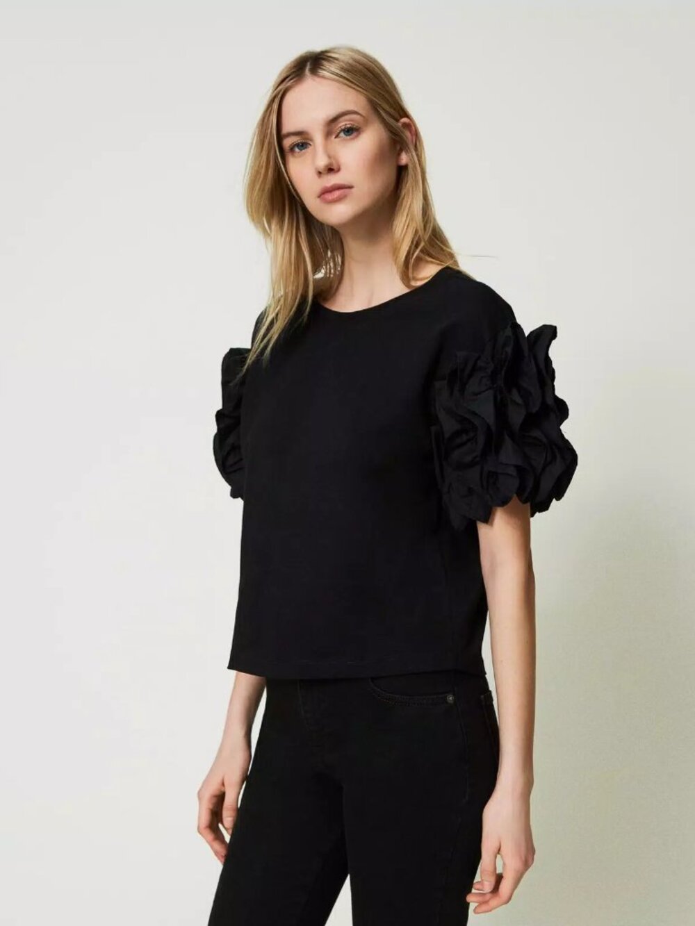DREW Anthropologie Black Cotton Tee Ruffle  Short Sleeve Top Preppy